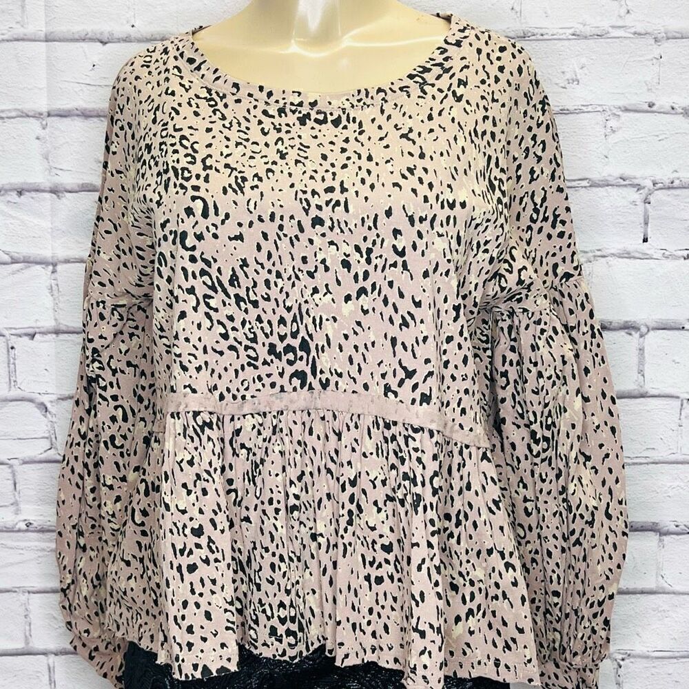 Fate Womens Pink Leopard Print Balloon Sleeves Tiered Peplum Top Size Small